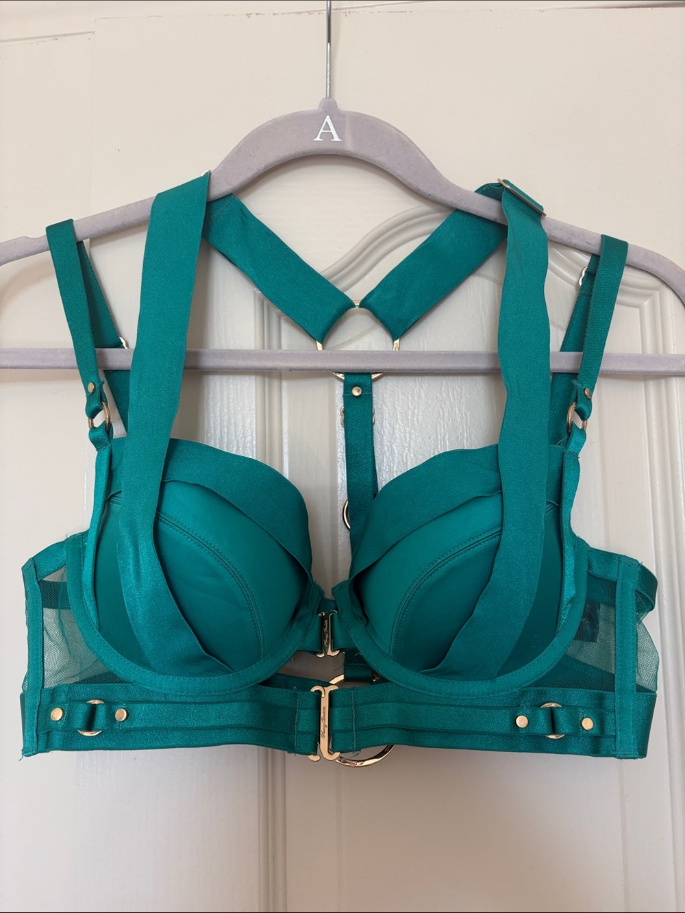 Honey Birdette Teal Strappy Underwire Bra with Gold Hardware